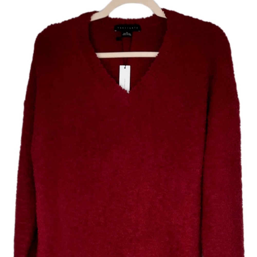 Sanctuary Womens V-Neck Teddy Boucle Sweater Relaxed Cozy Red L/S size M NWT